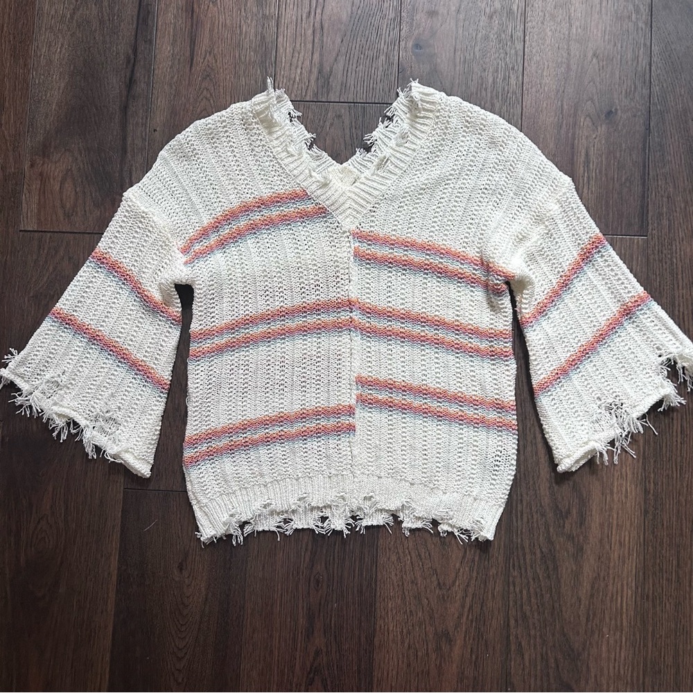 POL V-Neck Distressed Sweater with Multicolor Stripes